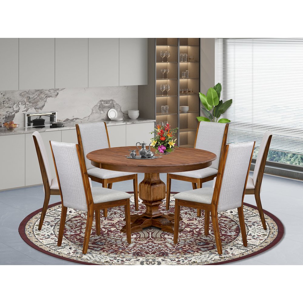 7-Piece Dining Table Set A Mid Century Modern Table, 6 Grey Fabric Room Chairs. Picture 2