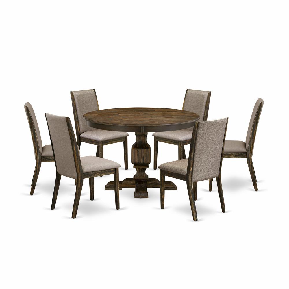 East West Furniture 7 Piece Kitchen Table Set Contains a Kitchen Table and 6 Dark Khaki Linen Fabric Dining Room Chairs with High Back - Distressed Jacobean Finish. Picture 1