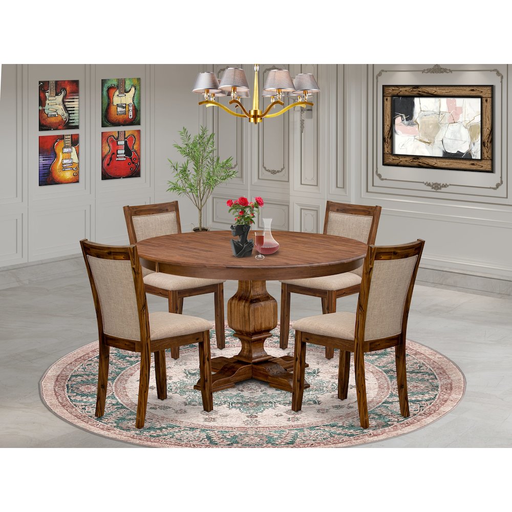5-Pc Dining Room Set Of A Pedestal Kitchen Table, 4 Light Tan Fabric Chairs. Picture 2