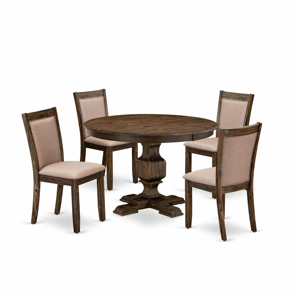 East West Furniture 5 Piece Modern Dining Table Set Consists of a Dining Room Table and 4 Dark Khaki Linen Fabric Upholstered Dining Chairs with High Back - Distressed Jacobean Finish. Picture 1
