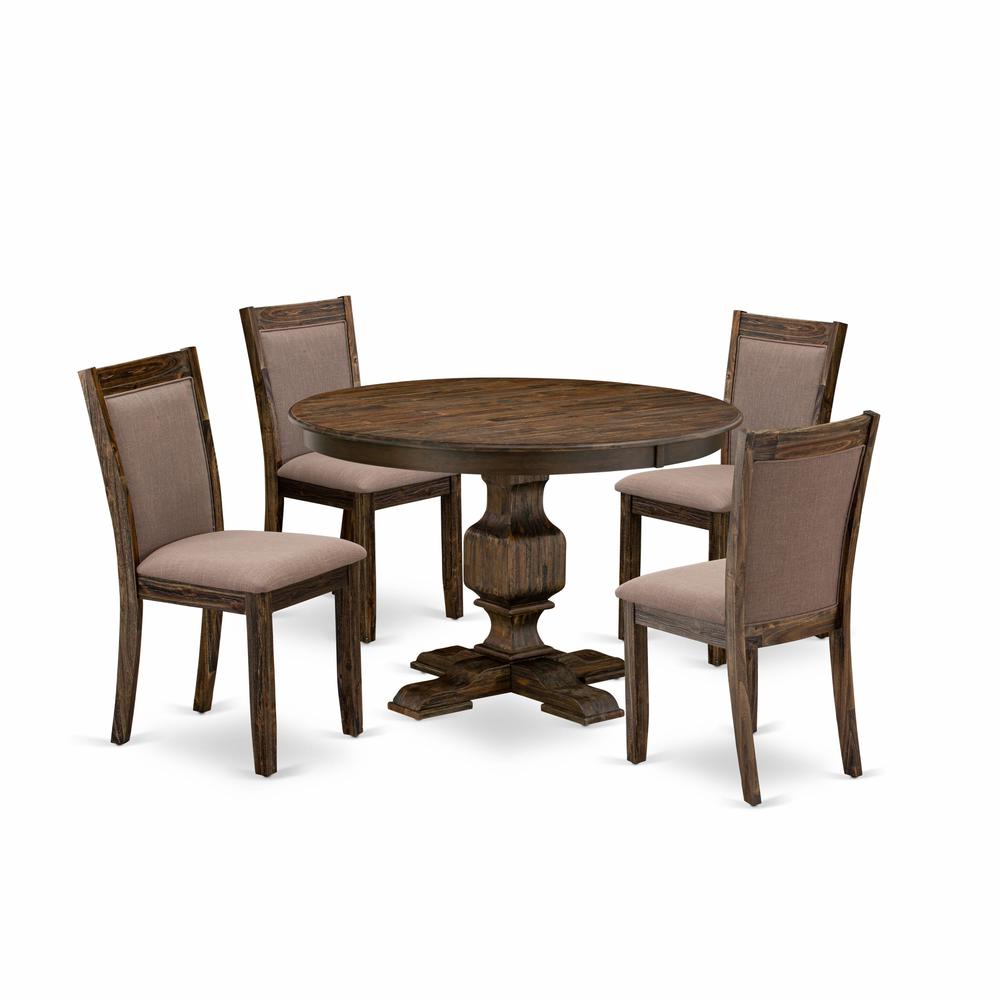 East West Furniture 5-Pc Dining Set - Kitchen Pedestal Table and 4 Coffee Color Parson Padded Chairs with High Back - Distressed Jacobean Finish. Picture 1