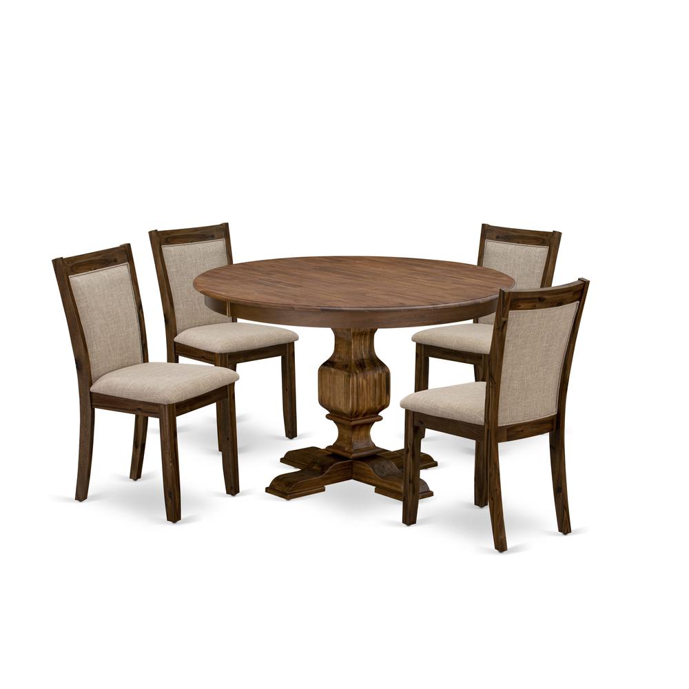 East West Furniture 5-Piece Dinner Table Set - Pedestal Dining Table and 4 Light Tan Color Parson Dining Chairs with High Back - Antique Walnut Finish. Picture 1