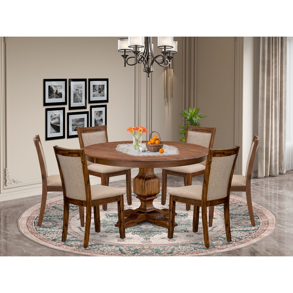 7-Pc Kitchen Table Set A Pedestal Table, 6 Light Tan Fabric Dining Room Chairs. Picture 2