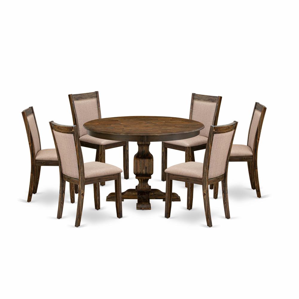 East West Furniture 7 Piece Kitchen Table Set Contains a Dinner Table and 6 Dark Khaki Linen Fabric Mid Century Modern Chairs with High Back - Distressed Jacobean Finish. Picture 1