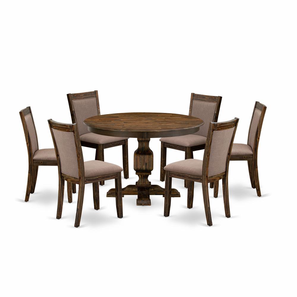 East West Furniture 7-Pc Dining Set - Kitchen Pedestal Table and 6 Coffee Color Parson Chairs with High Back - Distressed Jacobean Finish. Picture 1