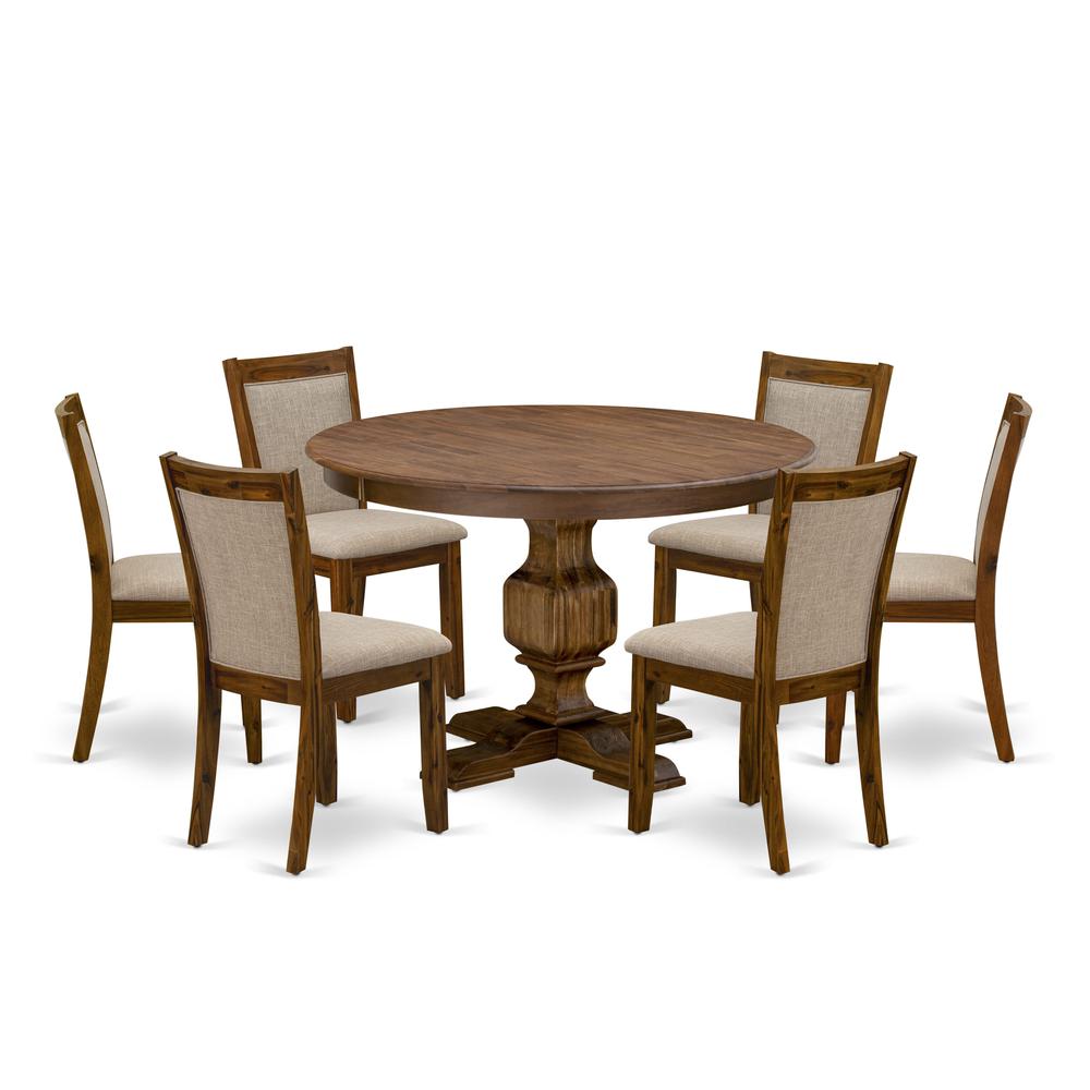 East West Furniture 7-Pc Dining Table Set - Modern Pedestal Dining Table and 6 Light Tan Color Parson Dining Chairs with High Back - Antique Walnut Finish. Picture 1
