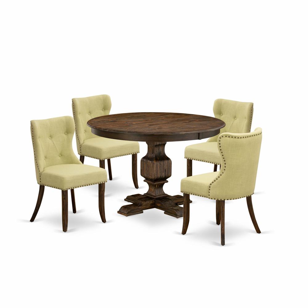 East West Furniture 5-Piece Modern Dining Set - Wooden Pedestal Dining Table and 4 Limelight Color Parson Dining Room Chairs with Button Tufted Back - Distressed Jacobean Finish. Picture 1
