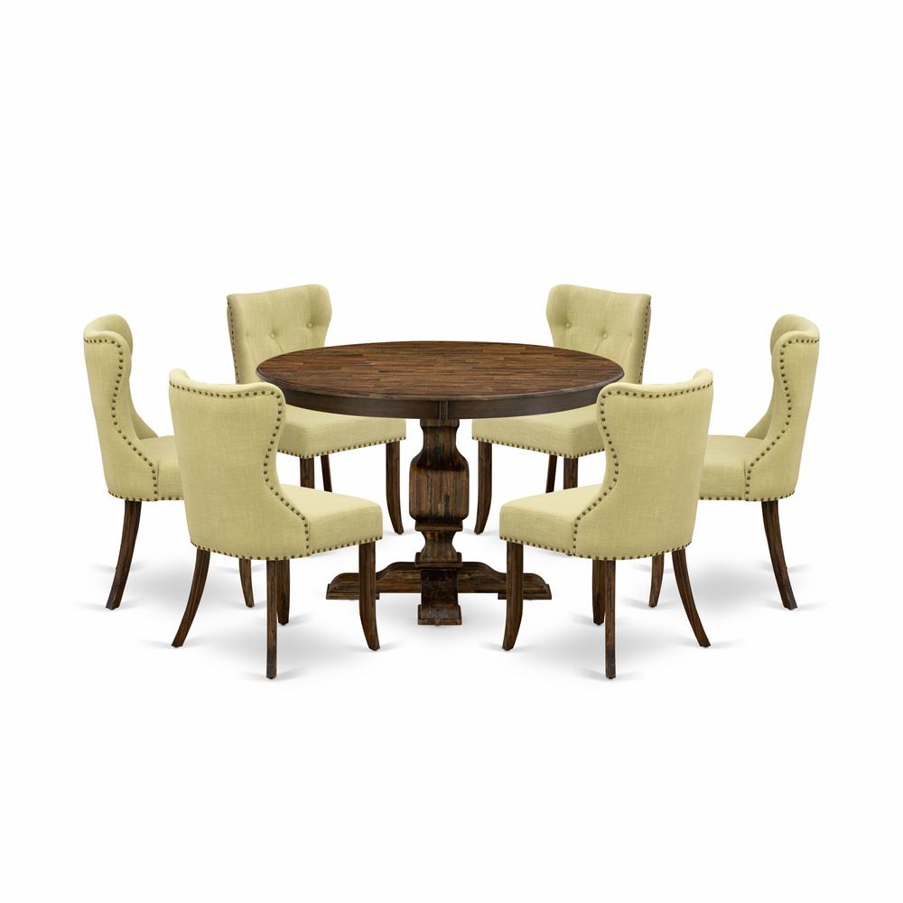 East West Furniture 7-Pc Dining Room Table Set - Modern Pedestal Dining Table and 6 Limelight Color Parson Wood Chairs with Button Tufted Back - Distressed Jacobean Finish. Picture 1