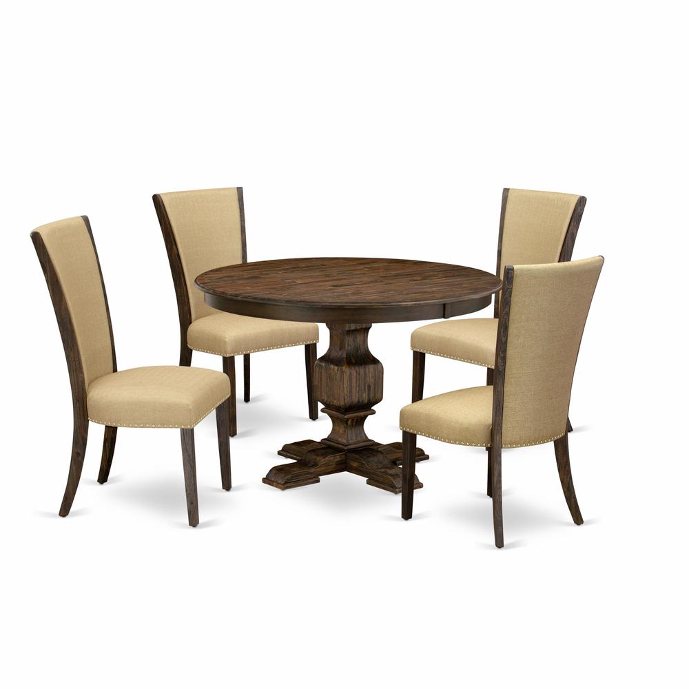 East West Furniture 5-Piece Kitchen Dining Table Set - Pedestal Dining Table and 4 Brown Color Parson Modern Chairs with High Back - Distressed Jacobean Finish. Picture 1