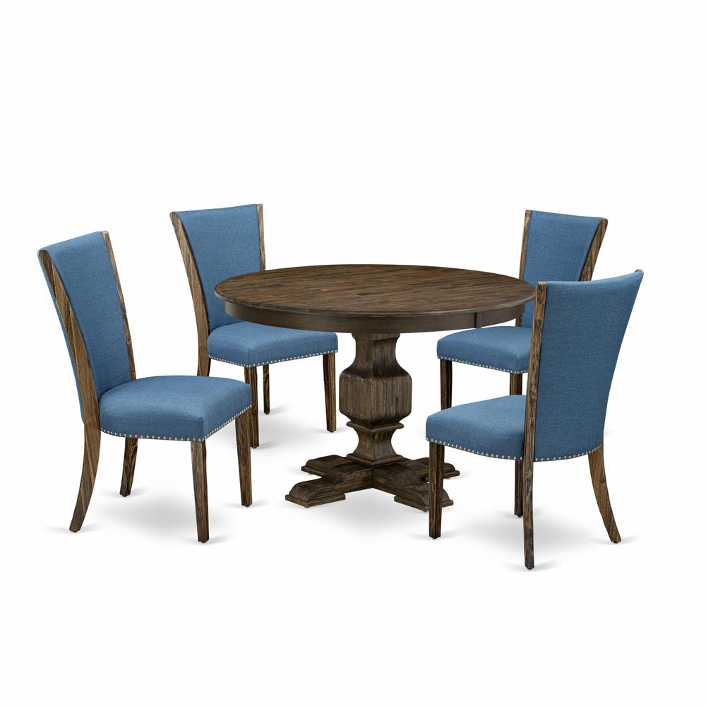 East West Furniture 5-Piece Modern Dining Set - Wood Pedestal Table and 4 Blue Color Parson Dining Room Chairs with High Back - Distressed Jacobean Finish. Picture 1