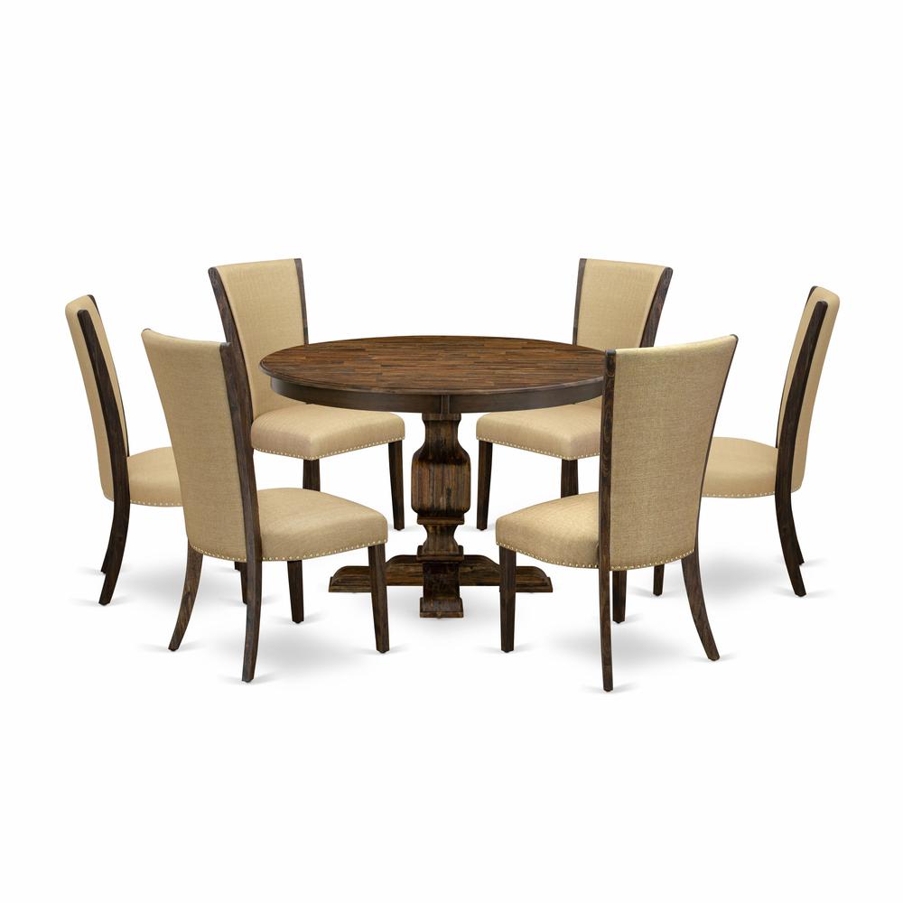 East West Furniture 7-Pc Dinette Set - Pedestal Dinner Table and 6 Brown Color Parson Dining Room Chairs with High Back - Distressed Jacobean Finish. Picture 1