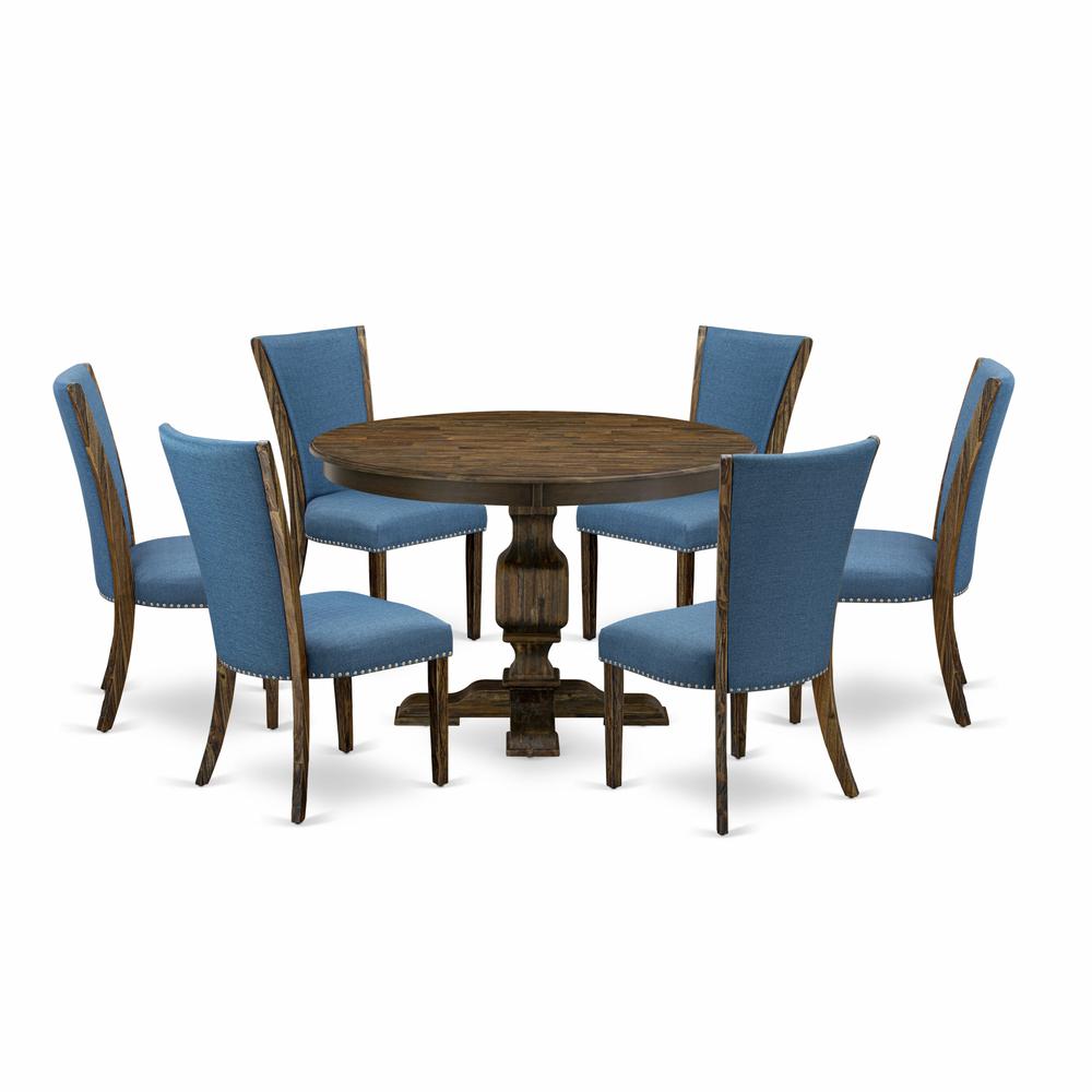 East West Furniture 7-Pc Dinette Set - Mid Century Modern Pedestal Dining Table and 6 Blue Color Parson Chairs with High Back - Distressed Jacobean Finish. Picture 1