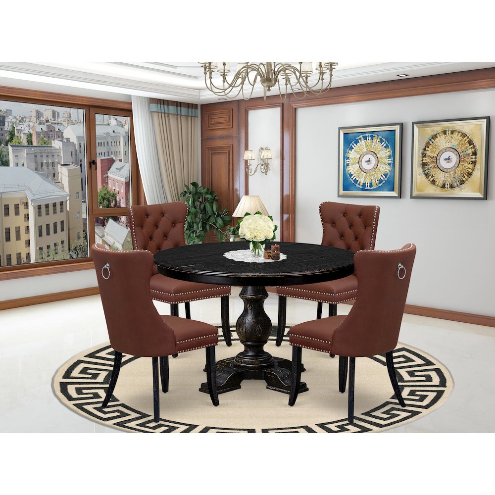 5 Piece Dining Table Set Contains 48" Round Table In Burgandy Color. Picture 2