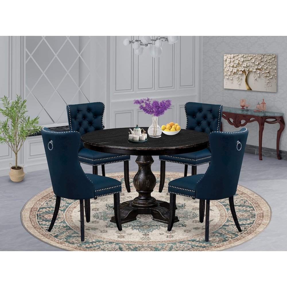 5 Piece Dining Table Set Consists Of 48" Round Table In Navy Blue Color. Picture 2