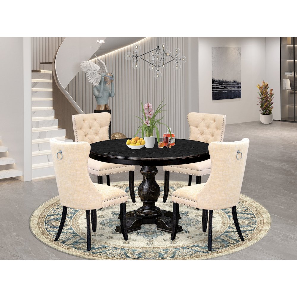 5-Piece Dinner A Modern Table And 4 Light Beige Linen Fabric Dining Chairs. Picture 2