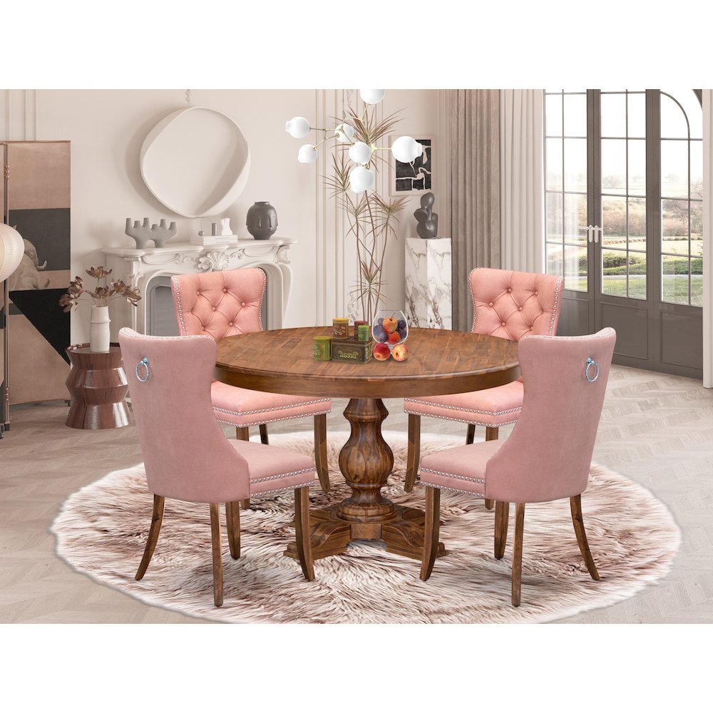 5-Pc Dining Set Contain A Wooden Kitchen Table And 4 Beige Red Parson Chairs. Picture 2