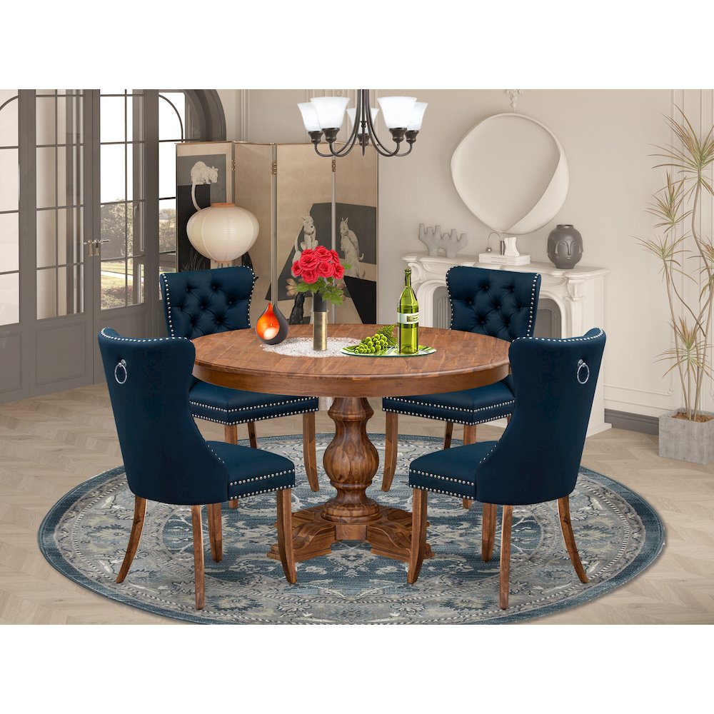 5-Pc Dining Room Table Set Contain A Wooden Kitchen Table And 4 Navy Blue Chairs. Picture 2