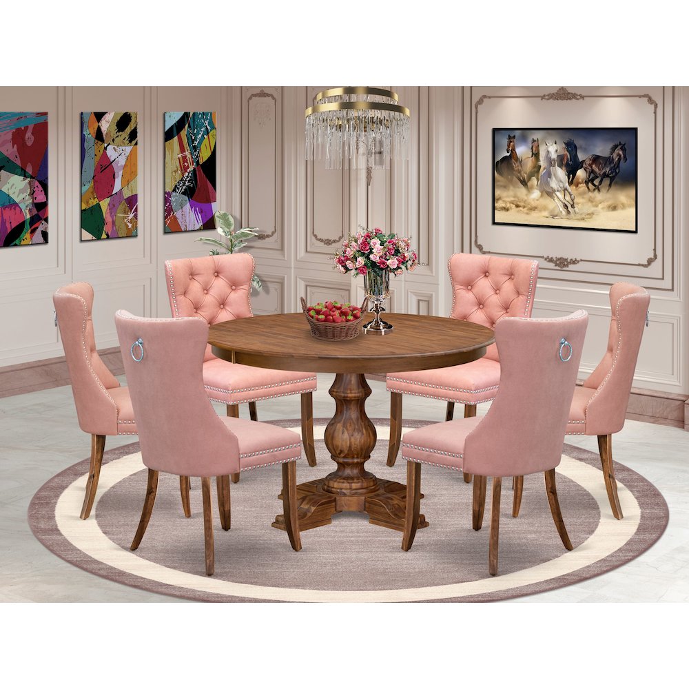 7-Pc Mid Century Modern Dining Table Set Include A Table And 6 Beige Red Chairs. Picture 2