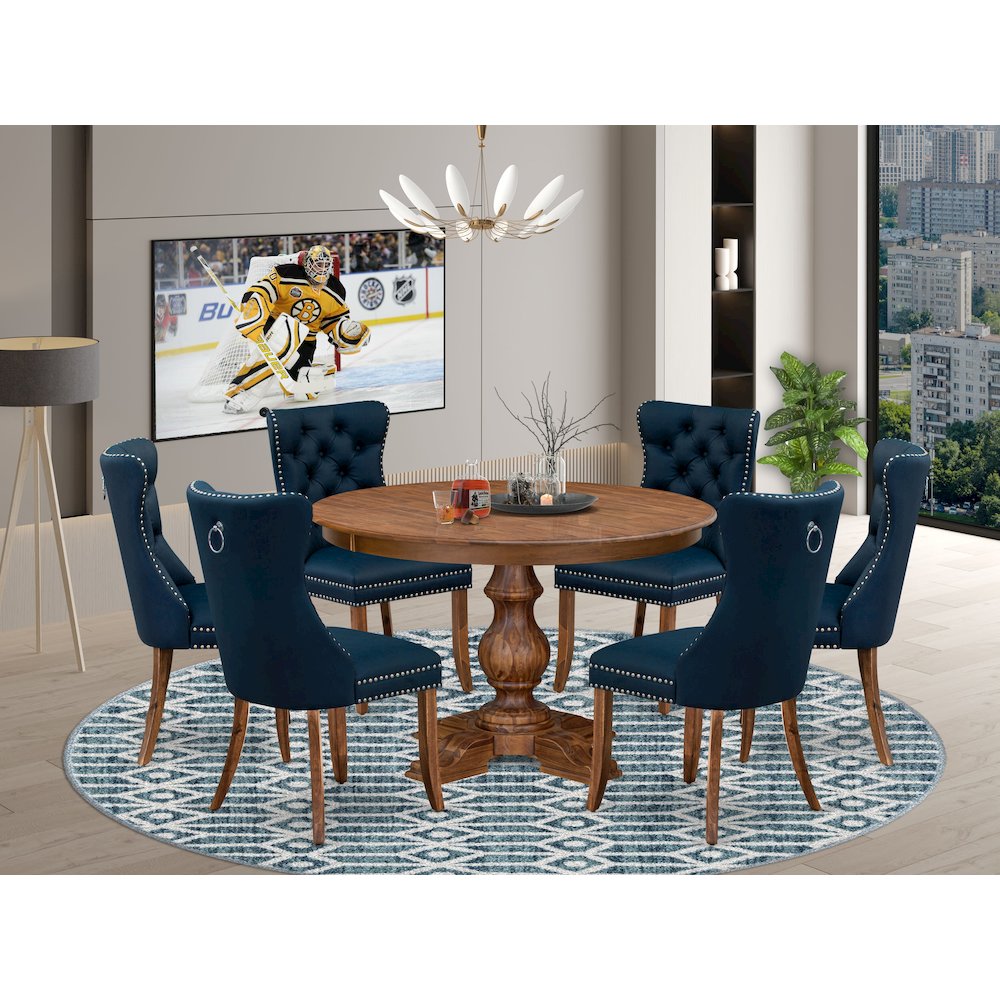 7-Piece Kitchen Table Set Featuring 6 Navy Blue Faux Leather Dining Chairs. Picture 2