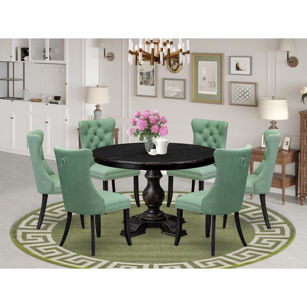 7 Piece Dinette Set Contains 48" Round Table In Willow Green Color. Picture 2