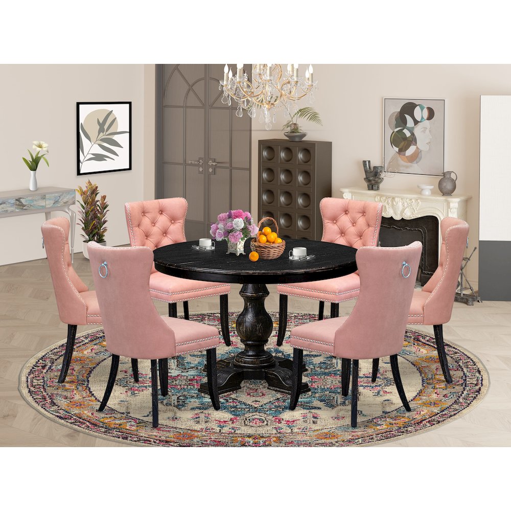 7 Piece Dining Set Includes 48" Round Kitchen Table In Beige Red Color. Picture 2