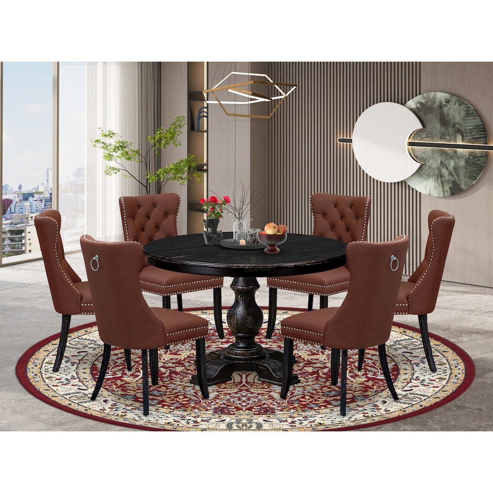 7 Piece Dining Table Set Includes 48" Round Table In Burgandy Color. Picture 2