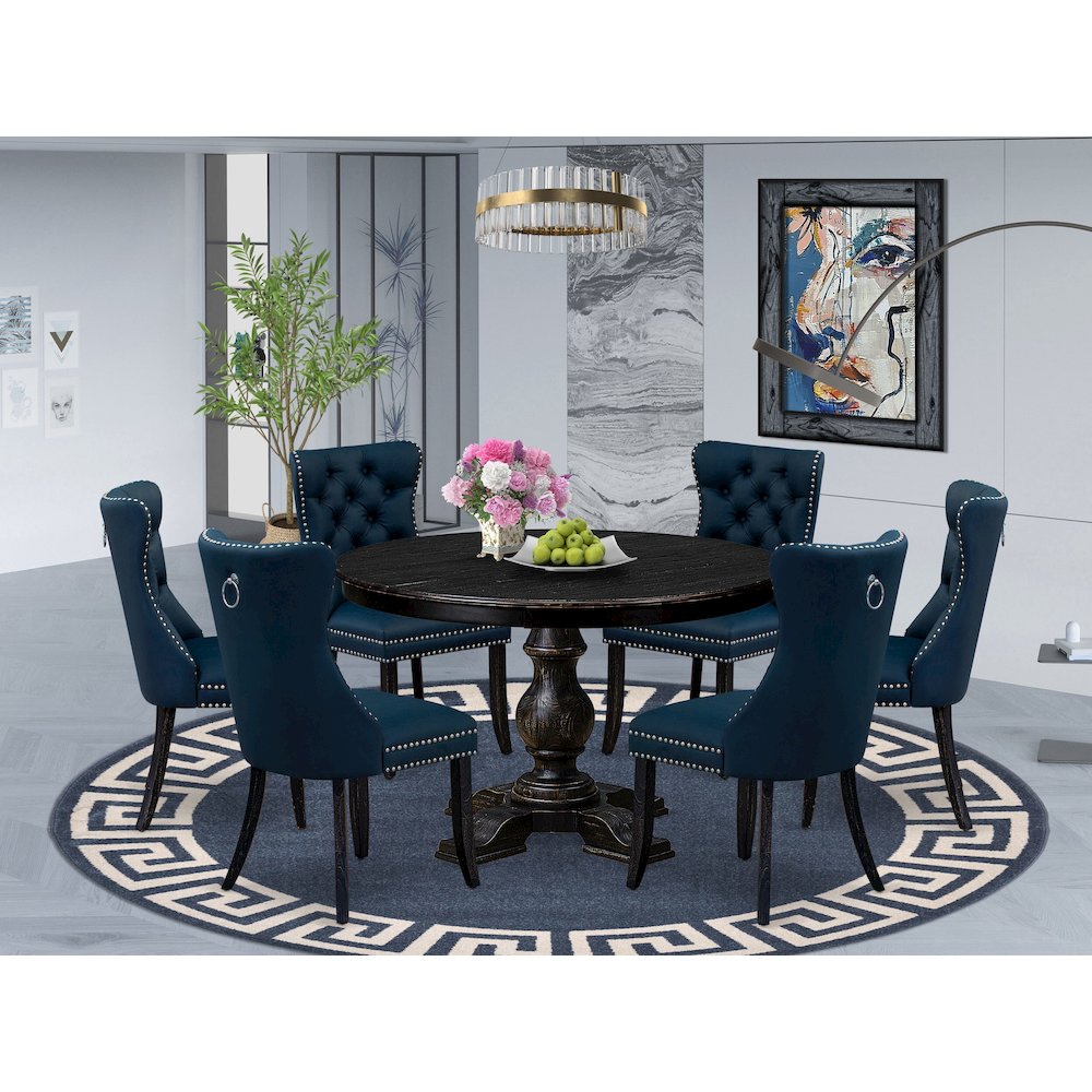 7 Piece Dining Table Set Contains 48" Round Table In Navy Blue Color. Picture 2