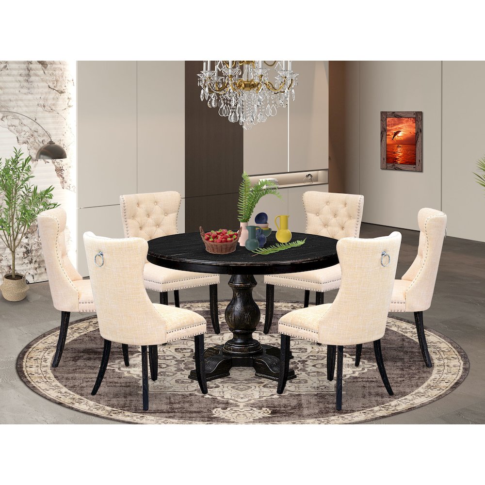 7-Pc Dinette Set Of A Kitchen Table, 6 Light Beige Linen Fabric Dinner Chair. Picture 2