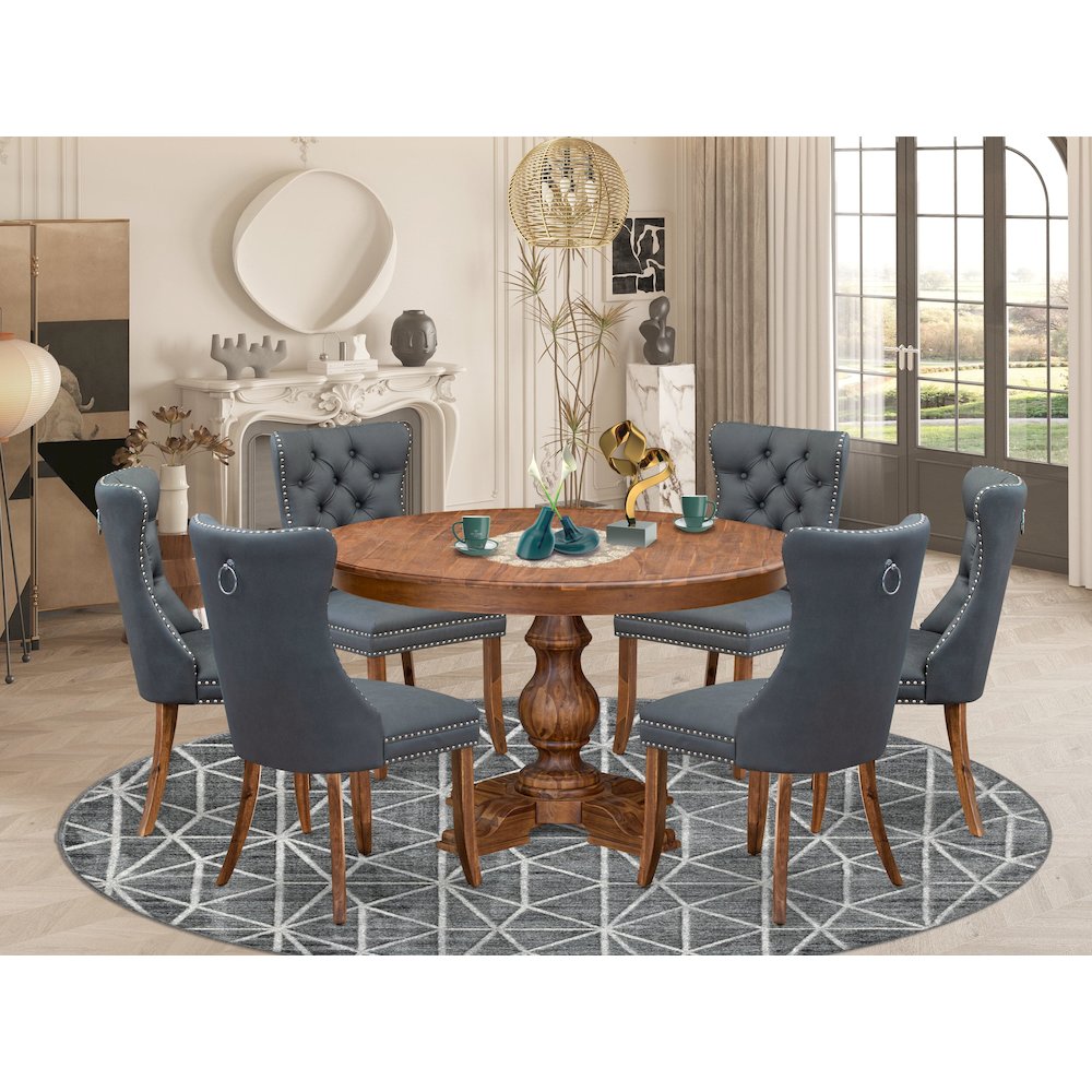 7-Piece Mid-Century Dining Table And 6 Platinum Gray Kitchen Chairs. Picture 2