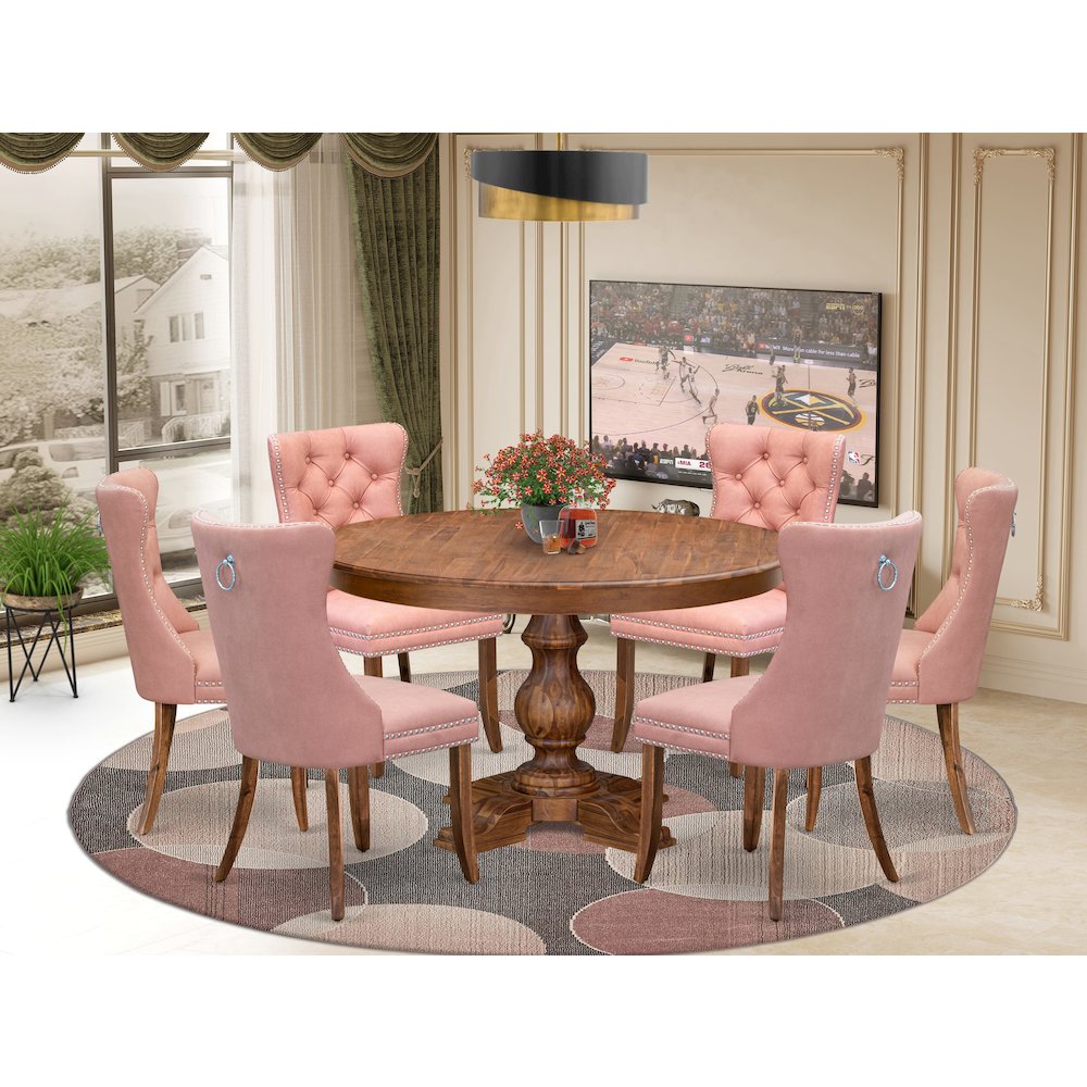 7-Pc Dining Room Set Include A Table And 6 Beige Red Upholstered Dining Chairs. Picture 2