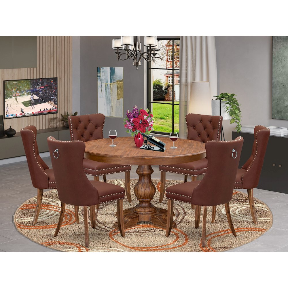 7-Pc Mid Century Dining Set Include A Dining Table And 6 Burgundy Parsons Chairs. Picture 2