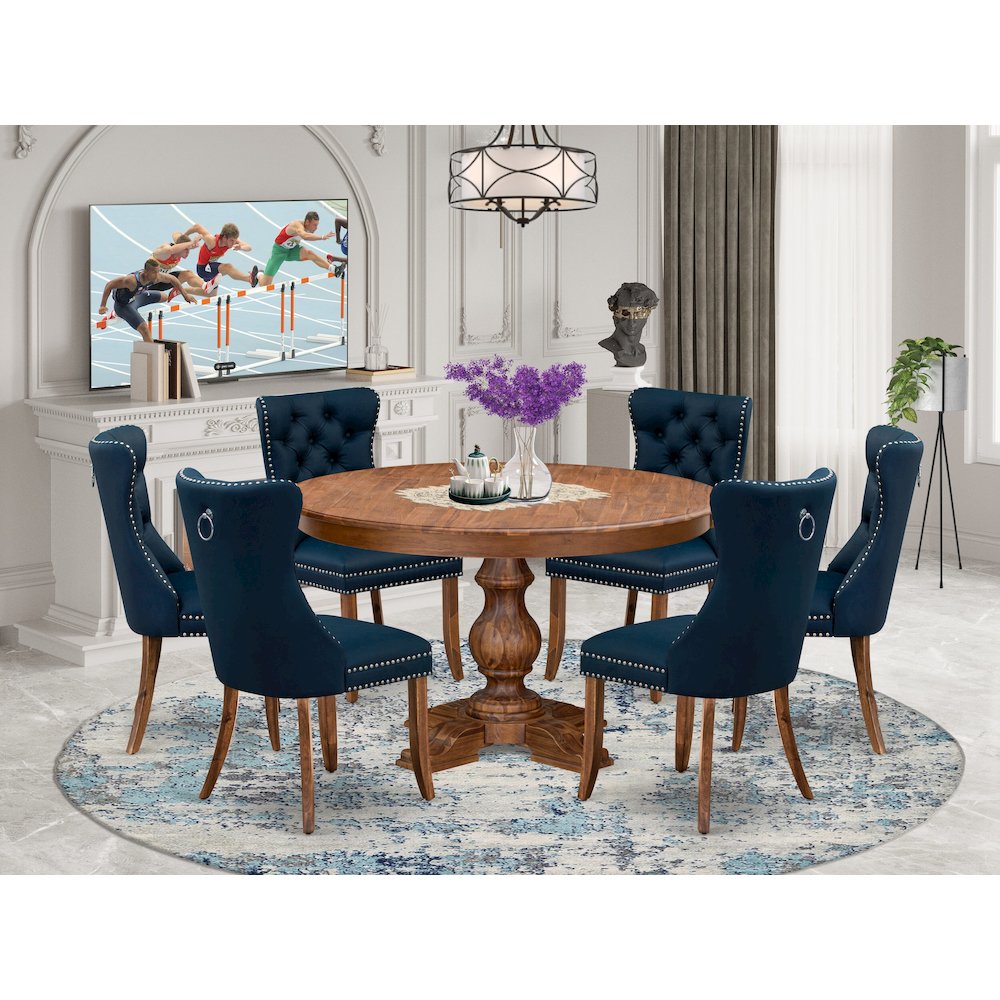 7-Pc Kitchen Table Set Include A Dining Table And 6 Navy Blue Parson Chairs. Picture 2
