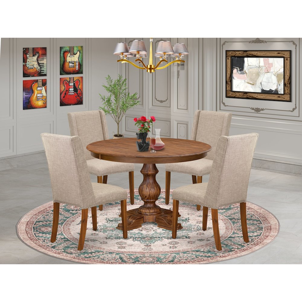 5-Piece Kitchen Dining Table Set A Wood Table, 4 Light Tan Fabric Dining Chair. Picture 2