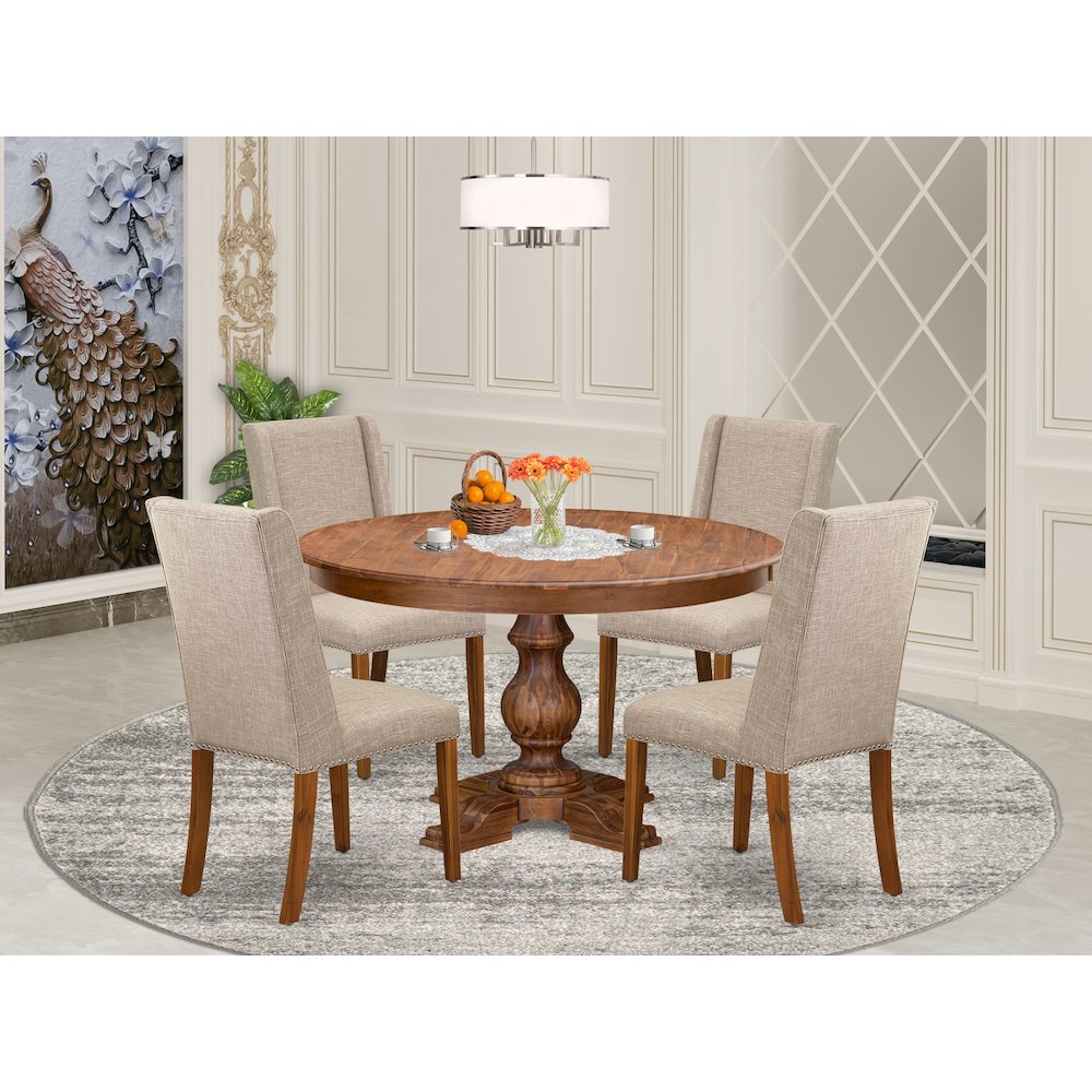 5-Piece Dining Room Set A Mid Century Table, 4 Light Tan Fabric Kitchen Chairs. Picture 2