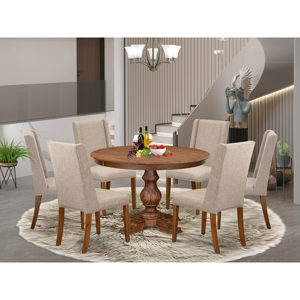 7-Piece Modern Dining Table And 6 Light Tan Linen Fabric Dinner Chairs. Picture 2