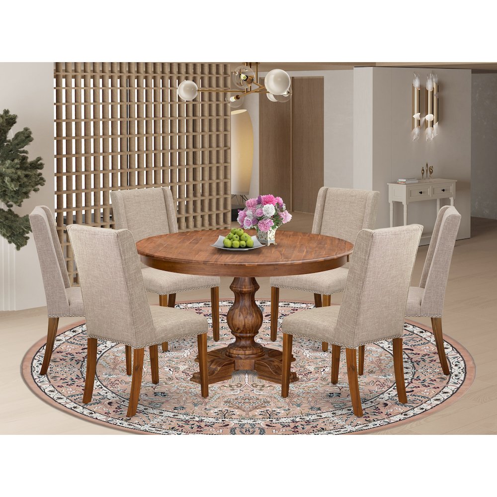 7-Piece Kitchen Table A Wood Table And 6 Light Tan Linen Fabric Dinner Chair. Picture 2