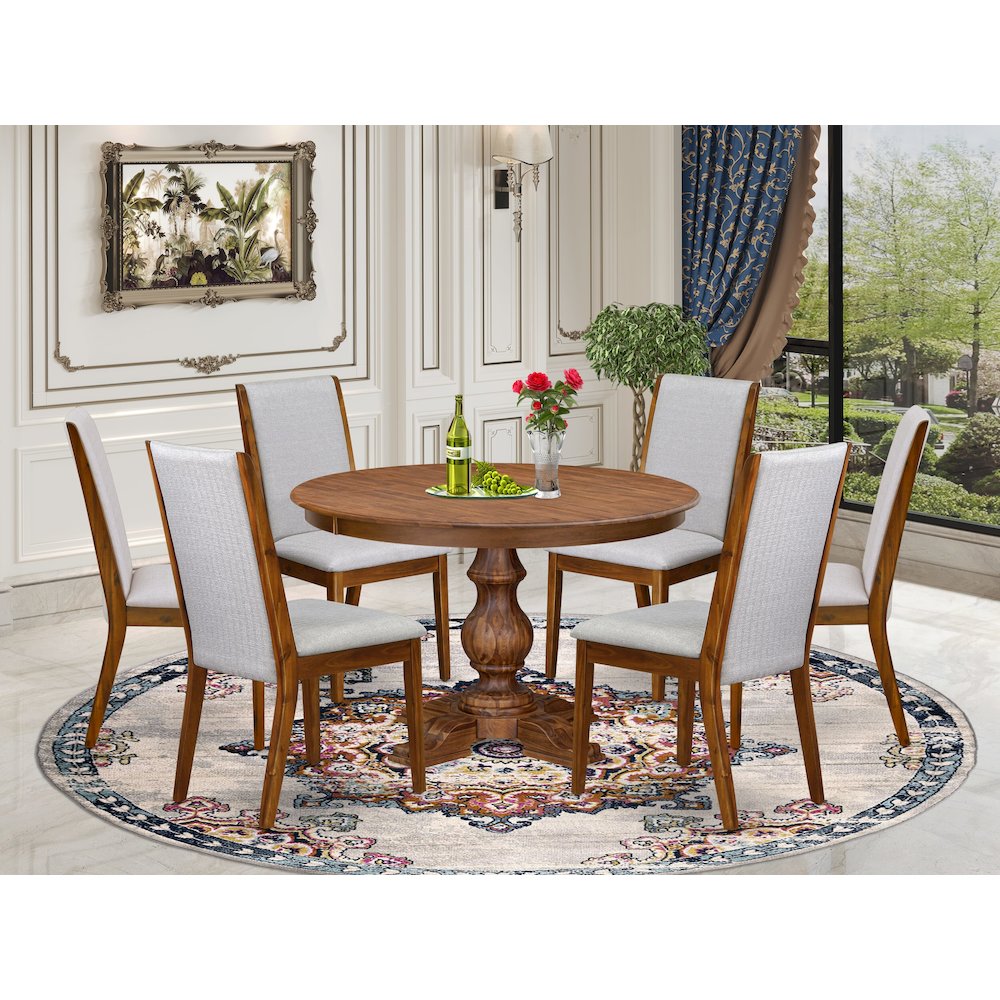 7-Piece Mid Century Dining Table Set Of A Wood Dining Table, 6 Grey Chairs. Picture 2