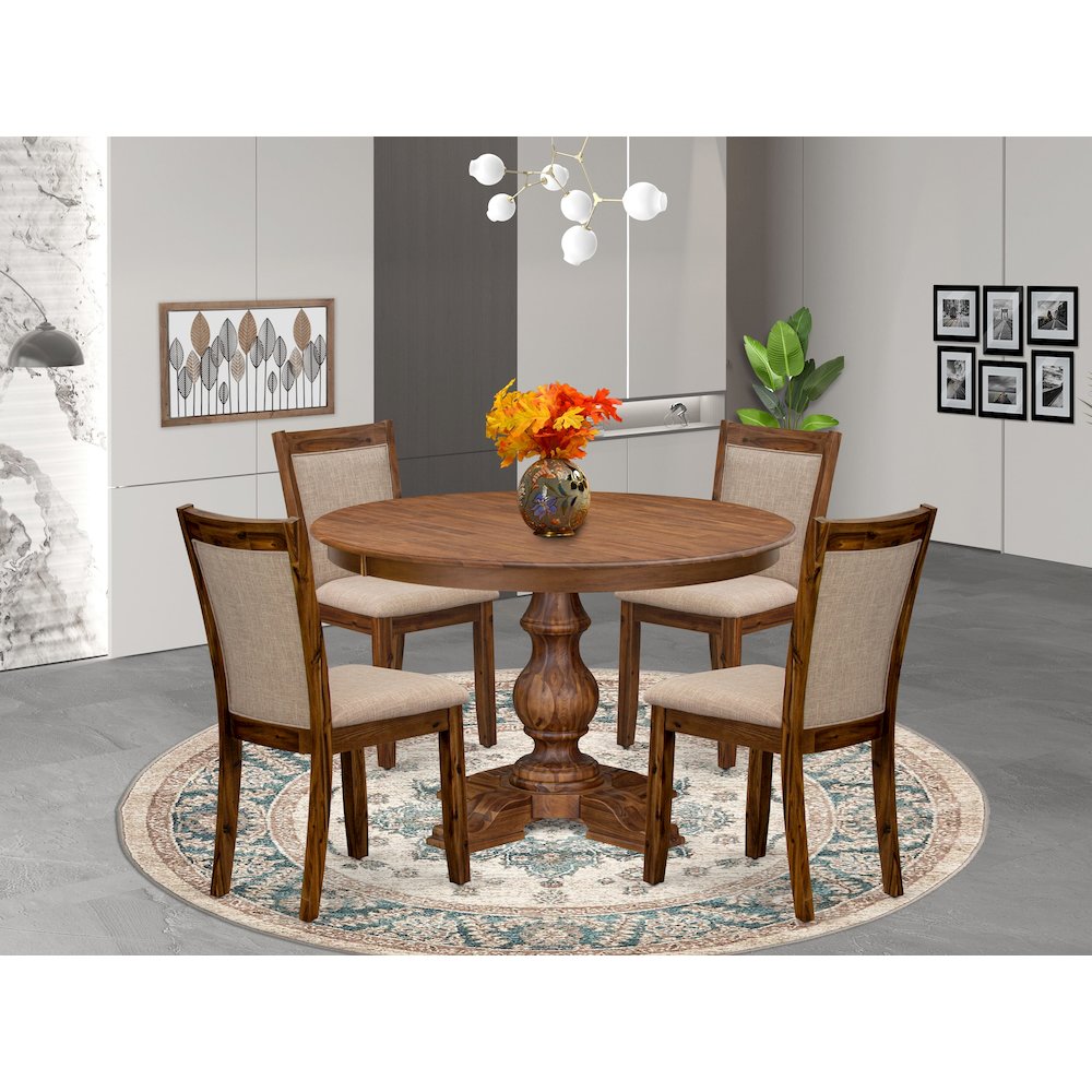 5-Pc Kitchen Set A Pedestal Dining Table, 4 Light Tan Linen Fabric Parson Chairs. Picture 2