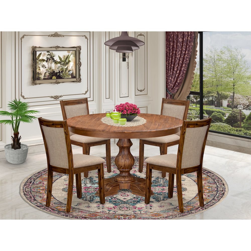 5-Pc Dining Set Of A Pedestal Kitchen Table, 4 Light Tan Fabric Kitchen Chairs. Picture 2