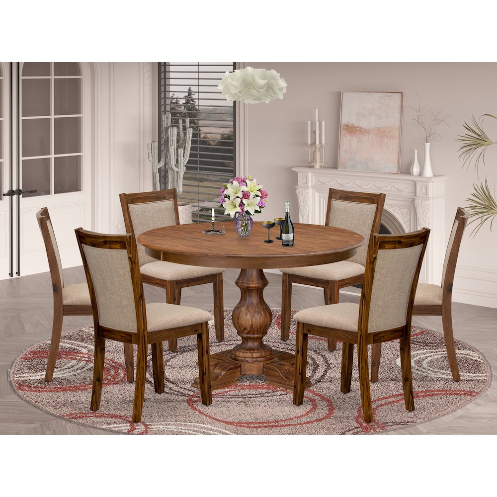 7-Pc Dining Set Of A Pedestal Dinner Table, 6 Light Tan Fabric Padded Chairs. Picture 2