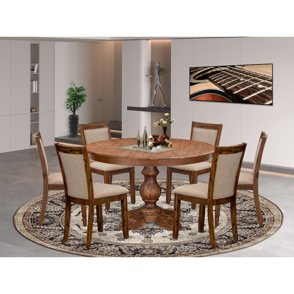 7-Pc Kitchen Table Set A Pedestal Breakfast Table, 6 Light Tan Fabric Chairs. Picture 2
