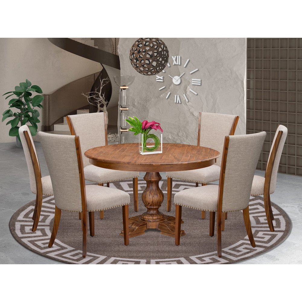 7 Piece Dinette Set Consists Of 54" Round Dining Table In Light Tan Color. Picture 2