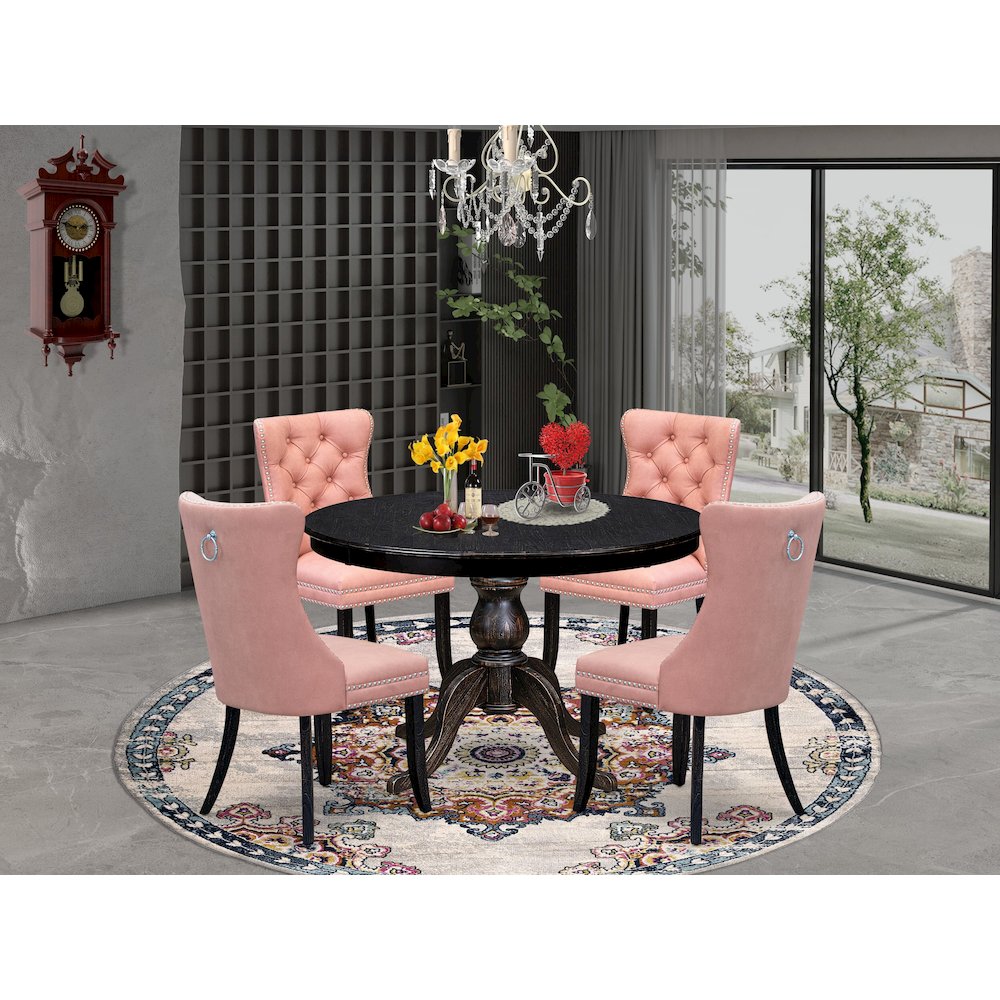 5 Piece Dining Set For 4 Consists Of 48" Round Table In Beige Red Color. Picture 2