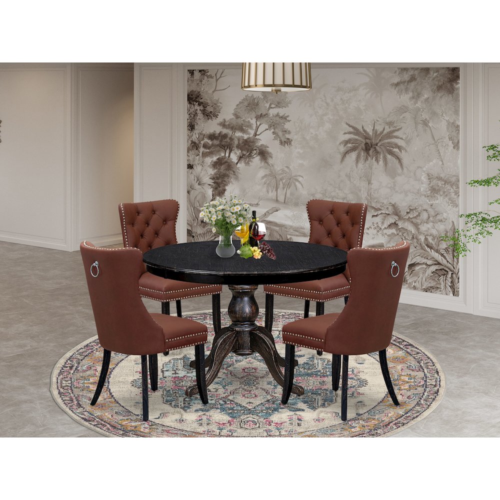 5 Piece Dining Table Set Consists Of 48" Round Table In Burgandy Color. Picture 2