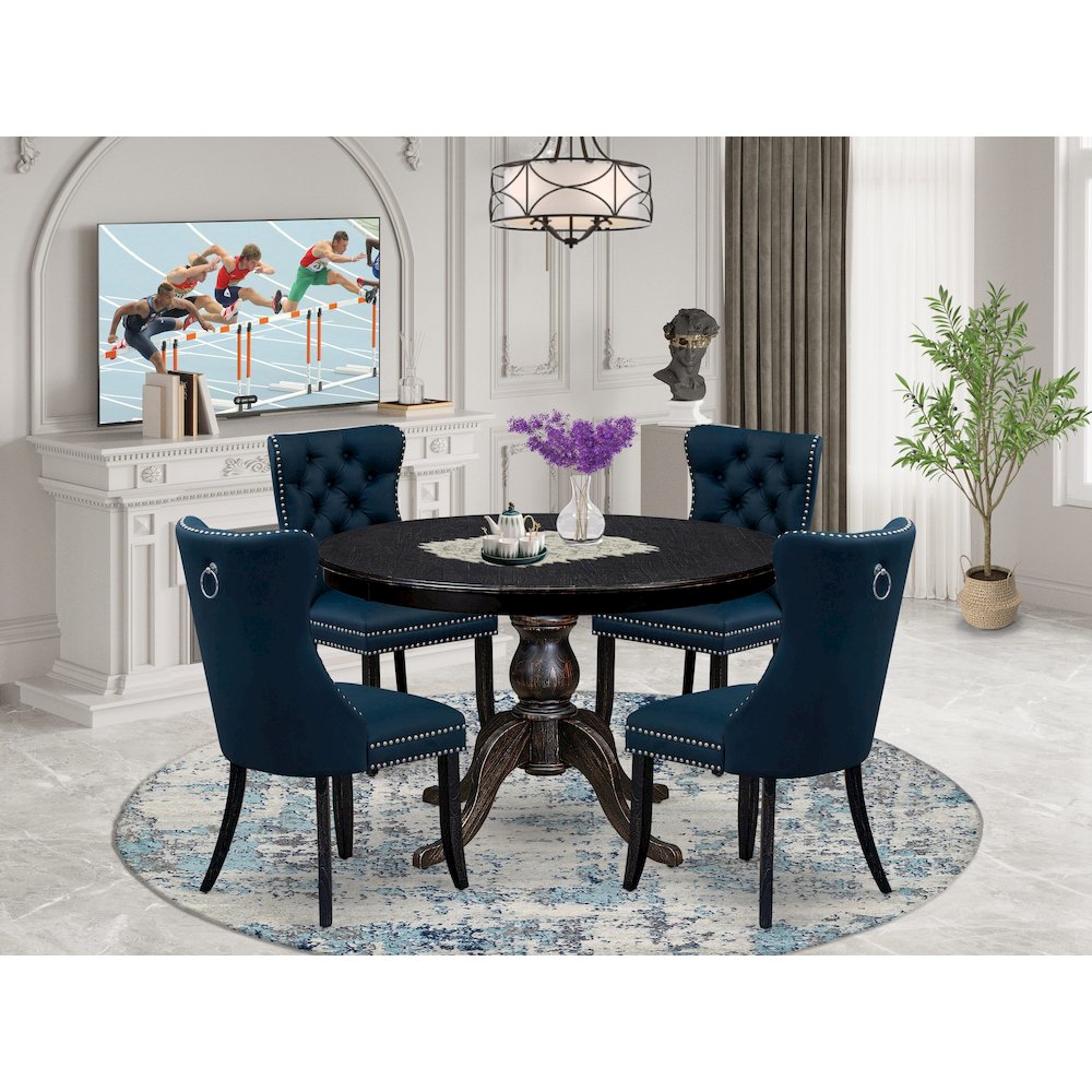 5 Piece Dining Table Set Includes 48" Round Table In Navy Blue Color. Picture 2
