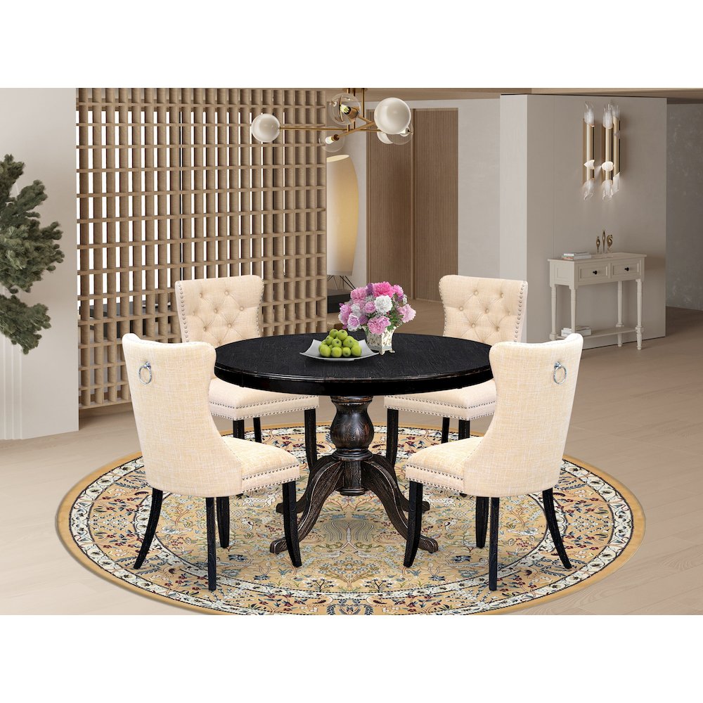 5-Pc Dining Rom Set A Modern Table, 4 Light Beige Linen Fabric Dining Chairs. Picture 2