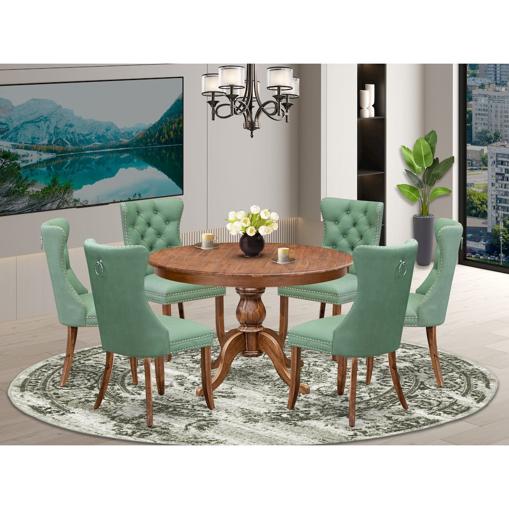 7-Pc Dining Set Contain A Mid Century Dining Table And 6 Willow Green Chairs. Picture 2