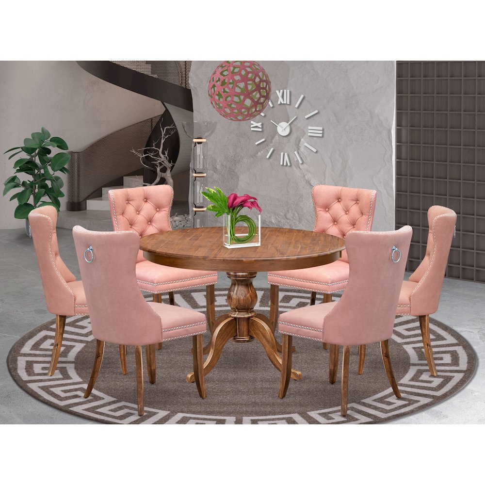 7-Pc Dining Room Table Set Contain A Mid Century Table And 6 Beige Red Chairs. Picture 2