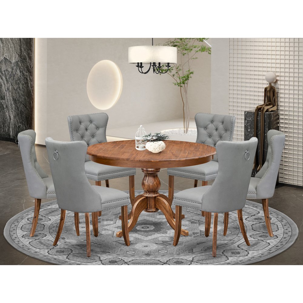 7-Pc Mid Century Dining Set Contain A Table And 6 Light Gray Upholstered Chairs. Picture 2
