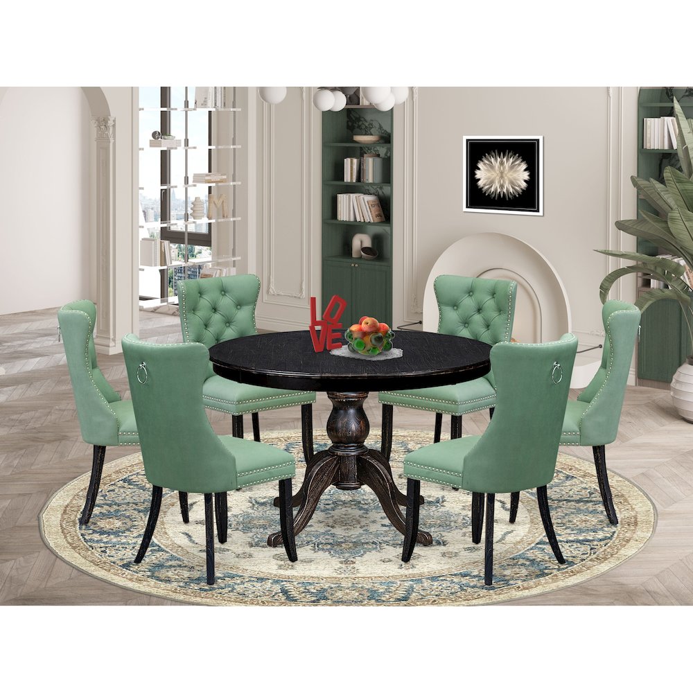 7 Piece Dinette Set Consists Of 48" Round Table In Willow Green Color. Picture 2